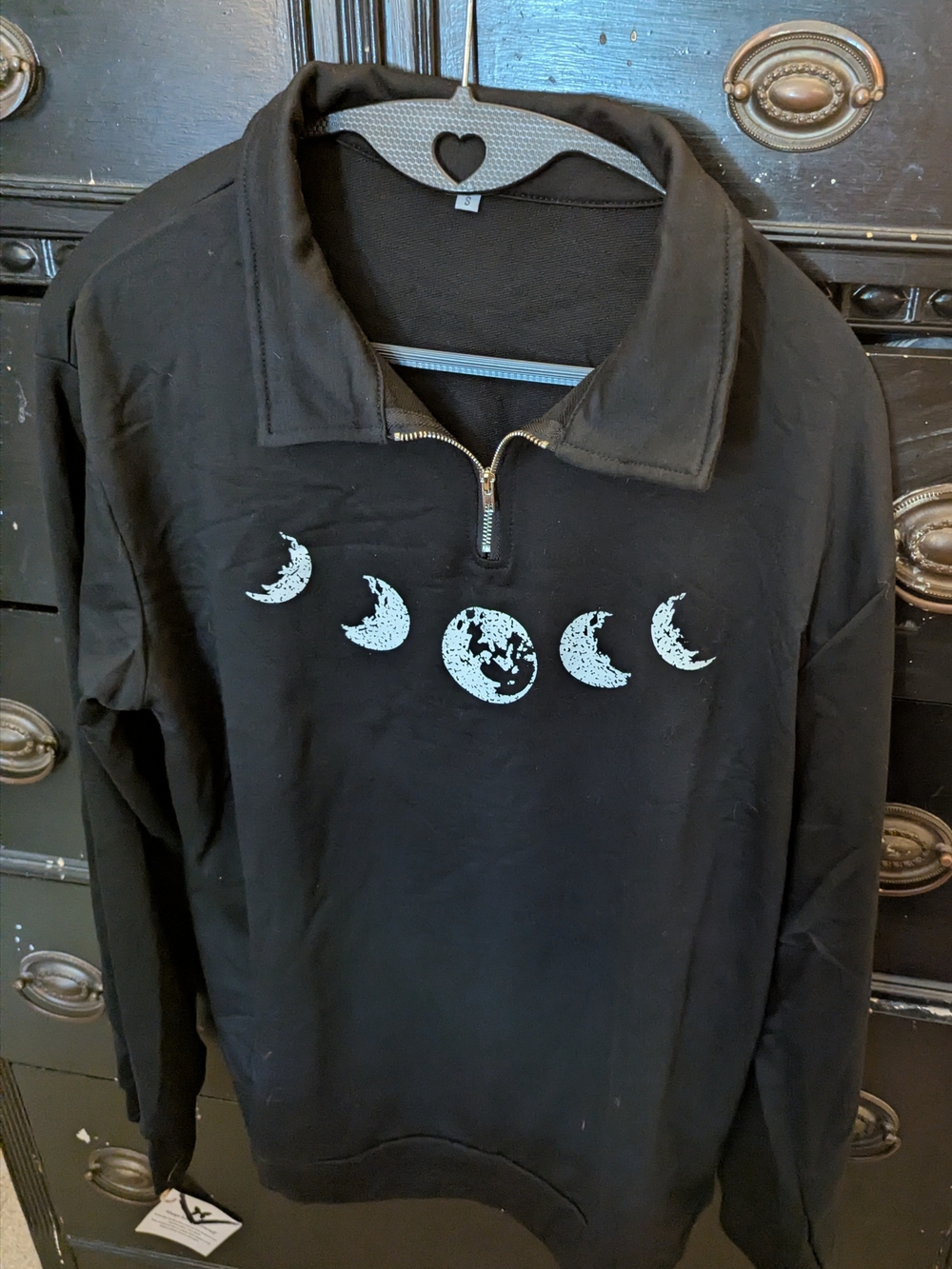 Back To school Black Half-Zip Sweatshirt with Moon Phase Graphic